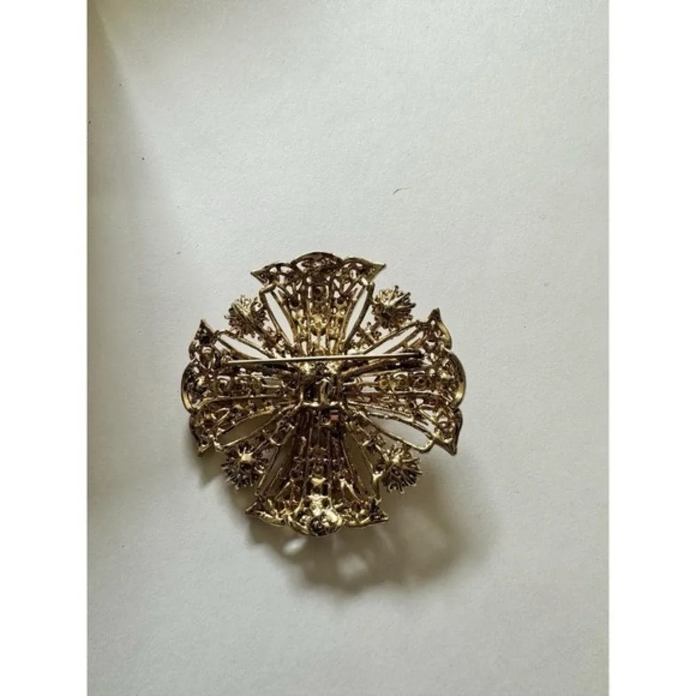 Vintage Carucci Fashion Jewelry Amber Rhinestones‎ Brooch Pin Flower Cross KC